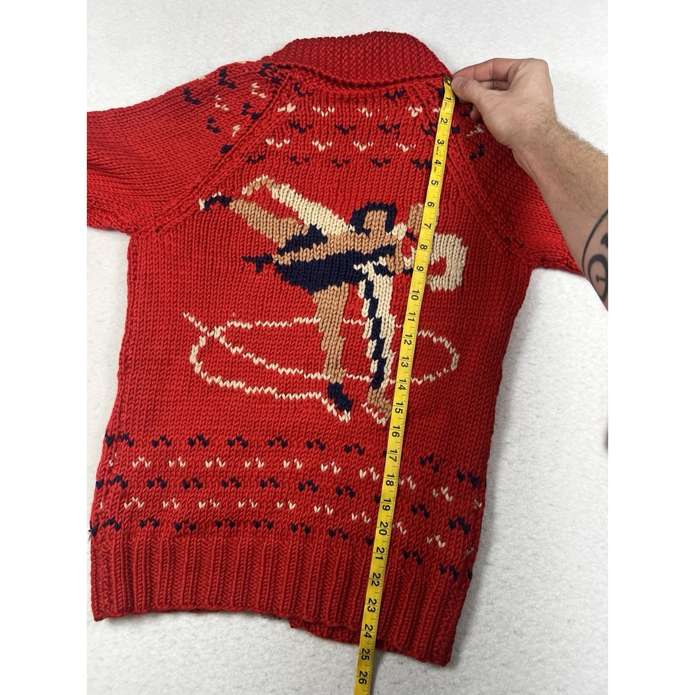 Vintage Mary Maxim Cowichan Figure Skating, Wool, Hand Knit Red Zip Up Sweater - Picture 15 of 16